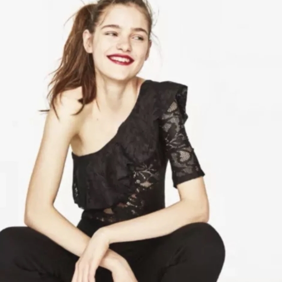 Zara Black Frilled Lace One Shoulder Bodysuit - Picture 2 of 10